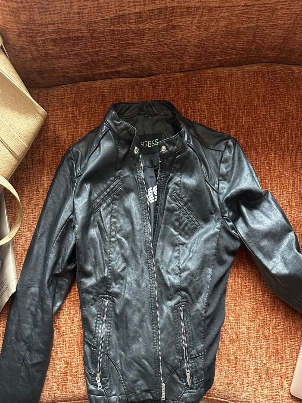 GUESS Black Faux Leather Moto Jacket Size XL